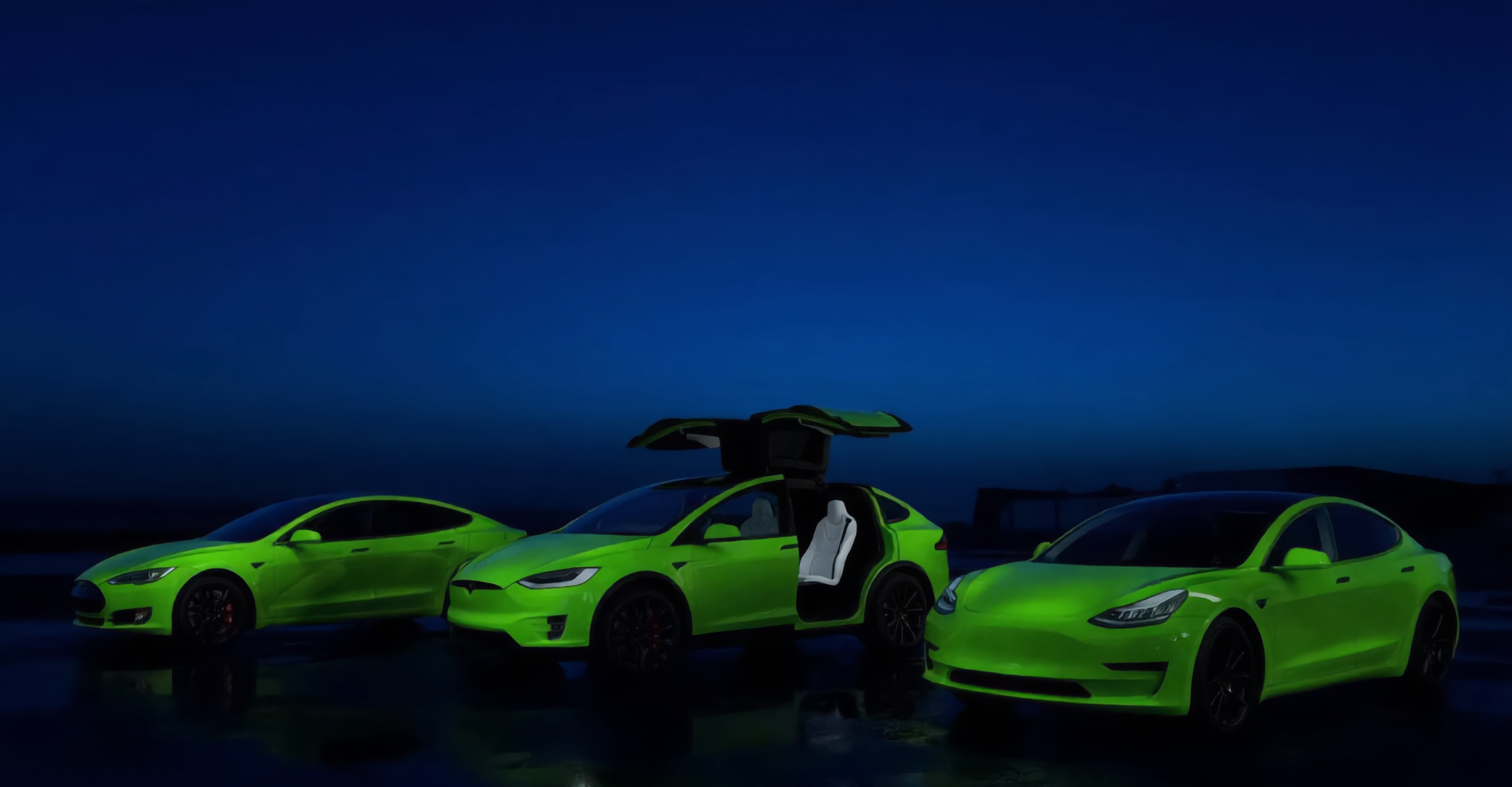 Green Tesla fleet at dusk: Model S, Model X with falcon doors, and Model 3